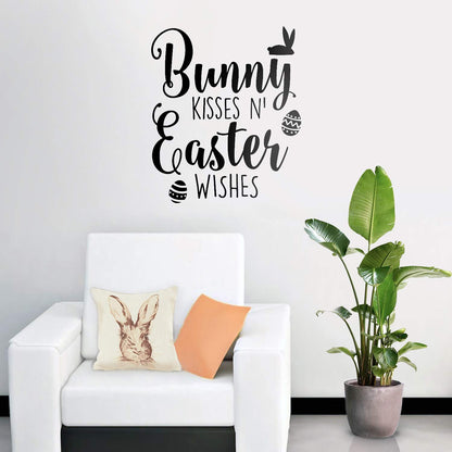 Easter Day Vinyl Wall Art Decal - Bunny Kisses ’N Easter Wishes - 27" x 23" - Resurrection Sunday Pascha Holiday Modern Cute Home Living Room Bedroom Apartment Nursery Decor