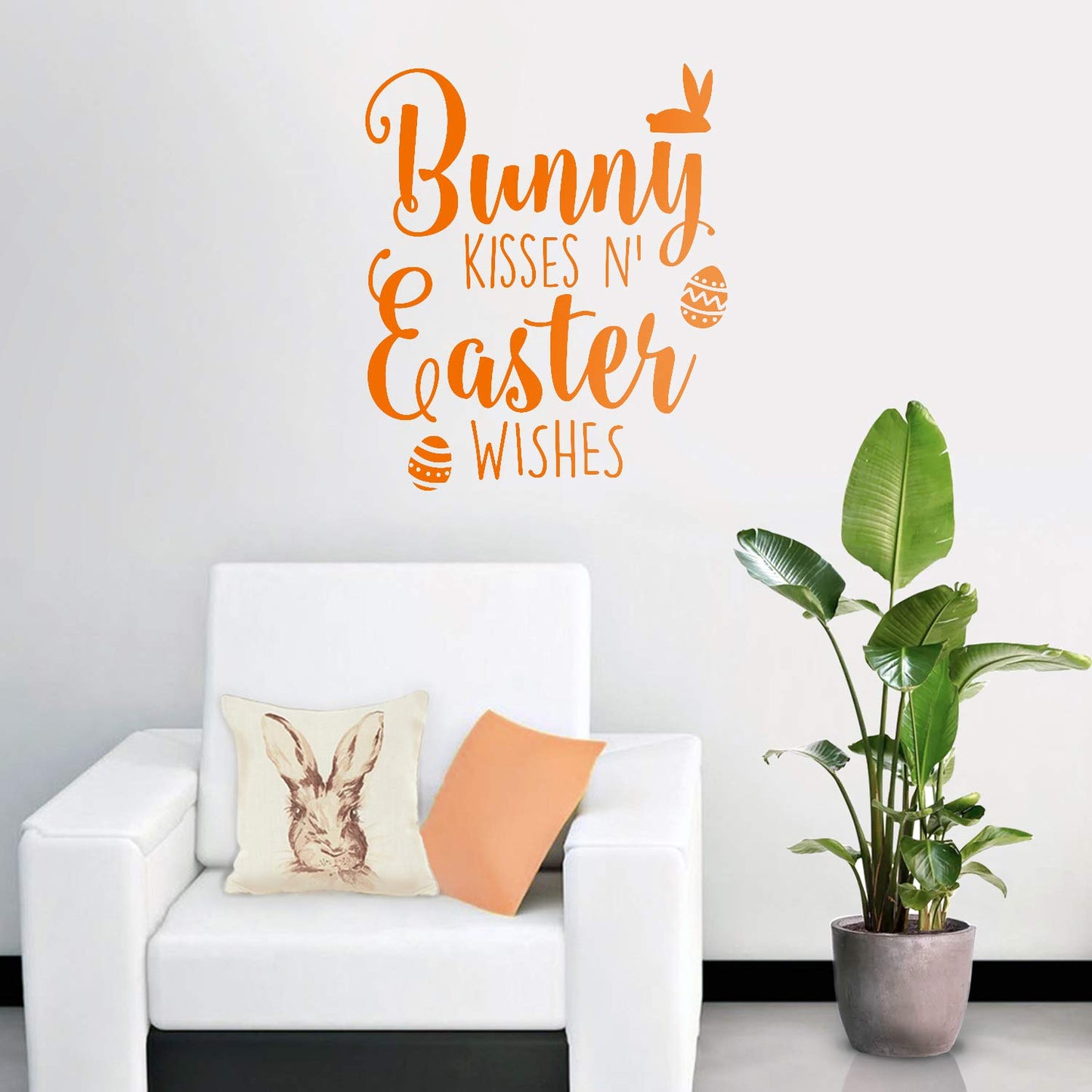 Easter Day Vinyl Wall Art Decal - Bunny Kisses ’N Easter Wishes - 27" x 23" - Resurrection Sunday Pascha Holiday Modern Cute Home Living Room Bedroom Apartment Nursery Decor