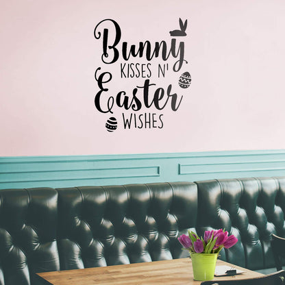 Easter Day Vinyl Wall Art Decal - Bunny Kisses ’N Easter Wishes - 27" x 23" - Resurrection Sunday Pascha Holiday Modern Cute Home Living Room Bedroom Apartment Nursery Decor