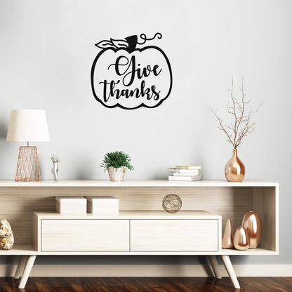 Vinyl Wall Art Decal - Give Thanks - 22" x 23" - Modern Inspirational Cute Thankful Quote Fall Season Pumpkin Design Sticker for Office Business Coffee Shop Store School Entryway Door Decor