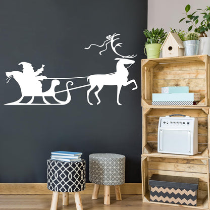 Christmas Holiday Santa's Sleigh and Reindeer Vinyl Wall Art Decal - 20.8" x 40" Decoration Vinyl Sticker