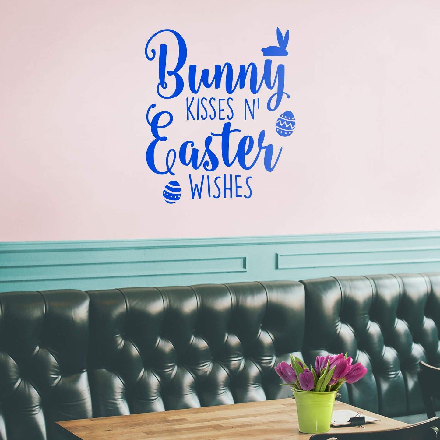 Easter Day Vinyl Wall Art Decal - Bunny Kisses ’N Easter Wishes - 27" x 23" - Resurrection Sunday Pascha Holiday Modern Cute Home Living Room Bedroom Apartment Nursery Decor