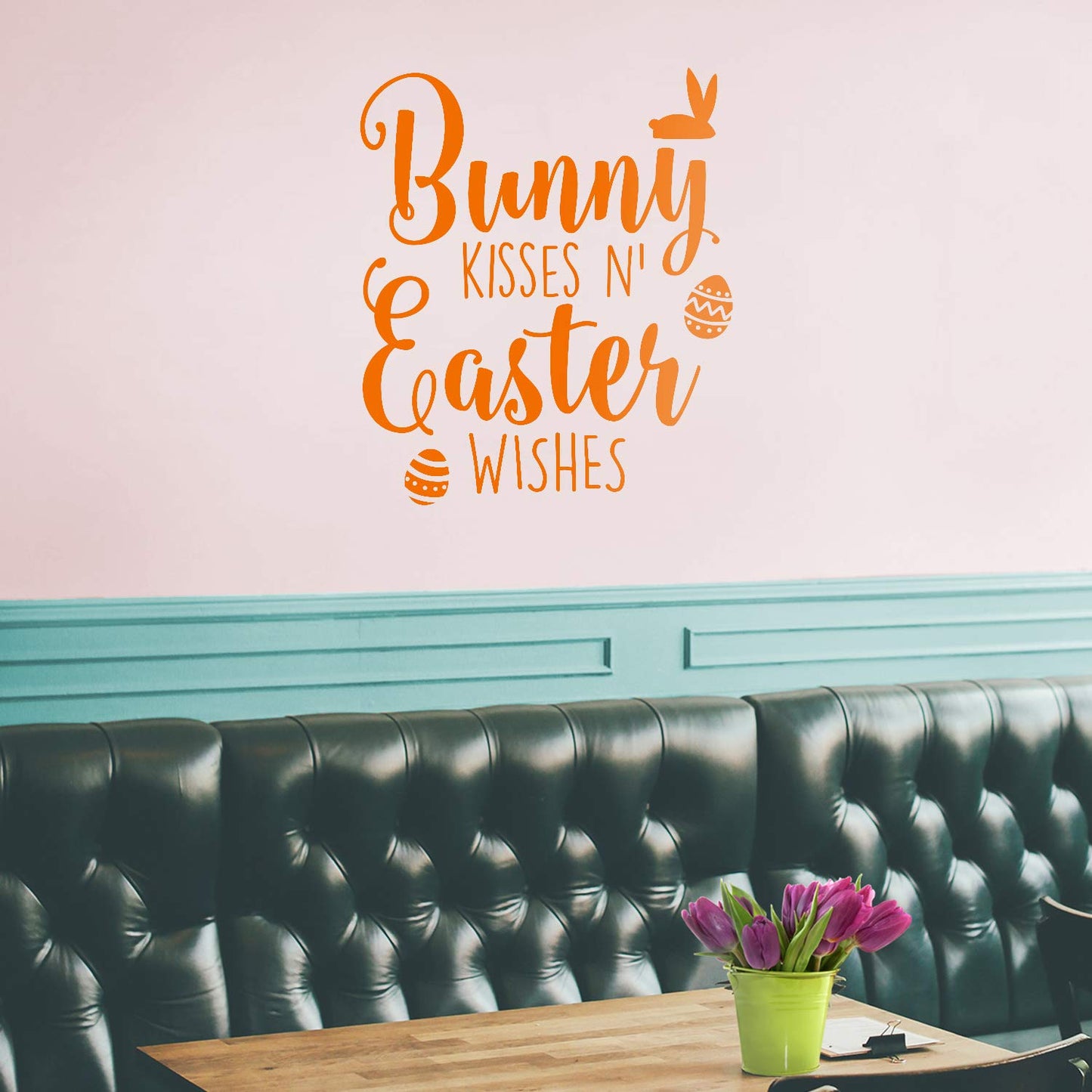 Easter Day Vinyl Wall Art Decal - Bunny Kisses ’N Easter Wishes - 27" x 23" - Resurrection Sunday Pascha Holiday Modern Cute Home Living Room Bedroom Apartment Nursery Decor