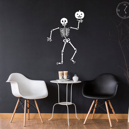 Vinyl Wall Art Decal - Happy Skeleton - 34" x 23" - Fun Spooky Halloween Seasonal Decoration Sticker - Kids Teens Adults Indoor Outdoor Wall Door Window Living Room Office Decor