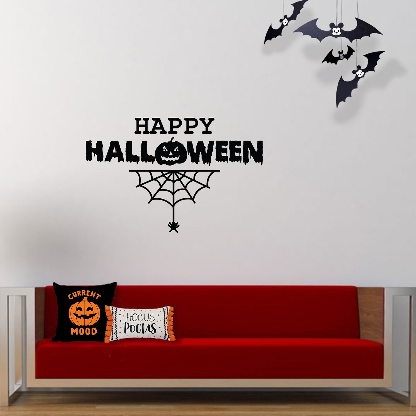 Vinyl Wall Art Decal - Happy Halloween with Spiderweb - 15" x 23" - Fun Halloween Season Decor Sticker - Kids Teens Adults Indoor Outdoor Wall Door Window Living Room Office Decor