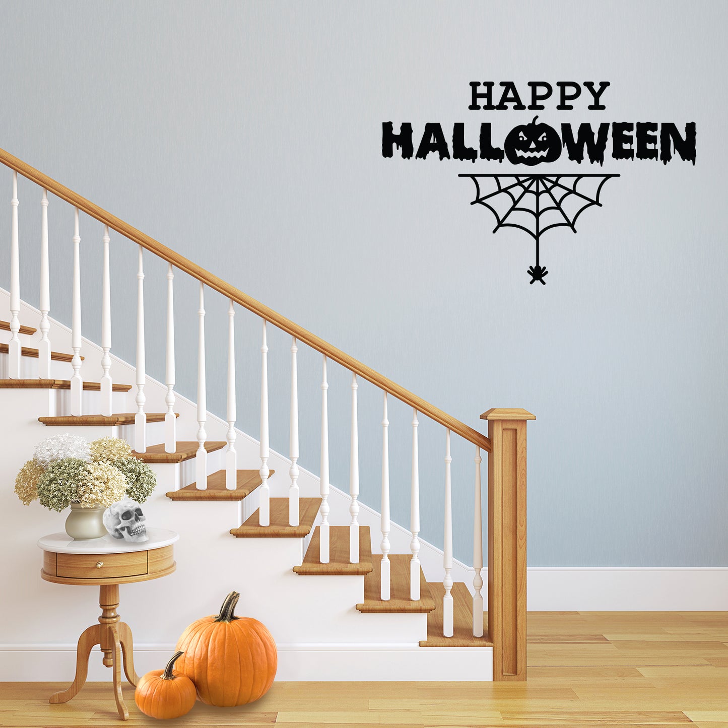 Vinyl Wall Art Decal - Happy Halloween with Spiderweb - 15" x 23" - Fun Halloween Season Decor Sticker - Kids Teens Adults Indoor Outdoor Wall Door Window Living Room Office Decor