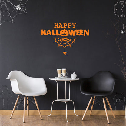 Vinyl Wall Art Decal - Happy Halloween with Spiderweb - 15" x 23" - Fun Halloween Season Decor Sticker - Kids Teens Adults Indoor Outdoor Wall Door Window Living Room Office Decor