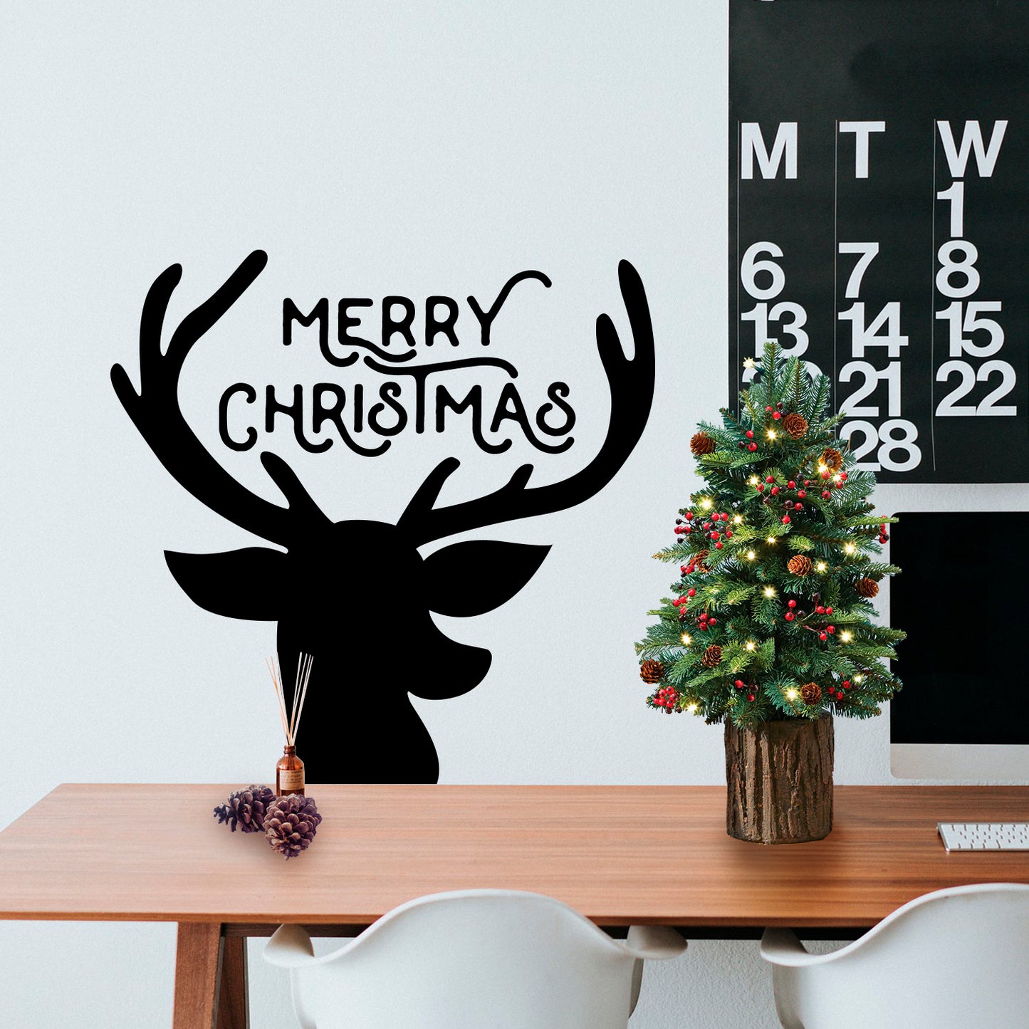 Vinyl Wall Art Decal - Merry Christmas Reindeer - 22" x 23" - Christmas Holiday Seasonal Decoration Sticker - Indoor Outdoor Window Home Living Room Bedroom Apartment Office Door