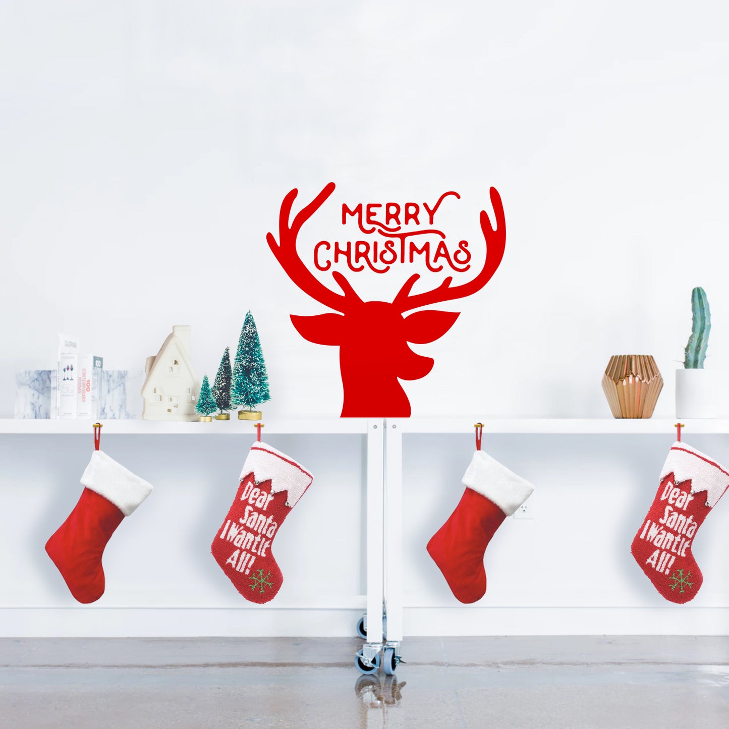 Vinyl Wall Art Decal - Merry Christmas Reindeer - 22" x 23" - Christmas Holiday Seasonal Decoration Sticker - Indoor Outdoor Window Home Living Room Bedroom Apartment Office Door