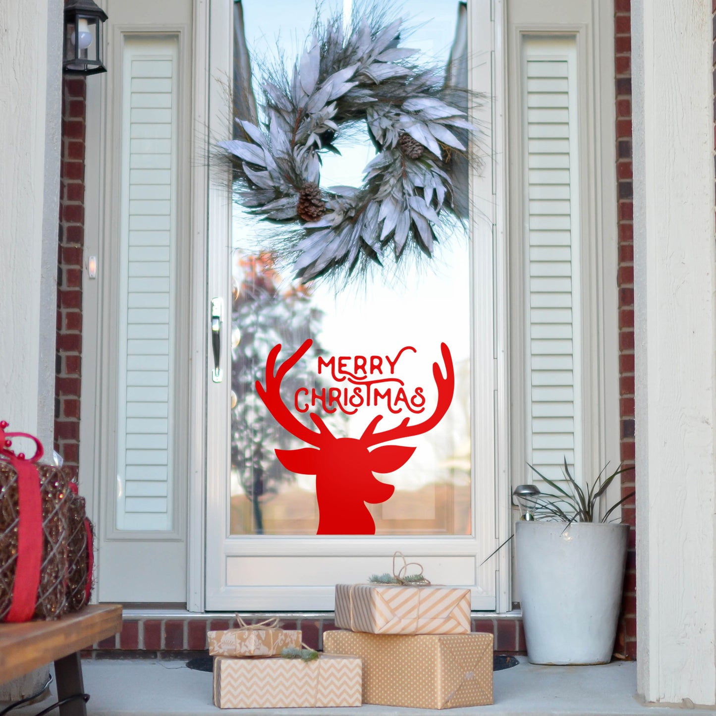 Vinyl Wall Art Decal - Merry Christmas Reindeer - 22" x 23" - Christmas Holiday Seasonal Decoration Sticker - Indoor Outdoor Window Home Living Room Bedroom Apartment Office Door