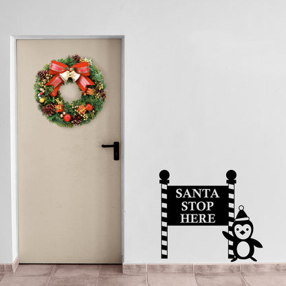 Vinyl Wall Art Decal - Santa Stop with Penguin Sign - 23" x 26" - Holiday Seasonal Sticker - Indoor Outdoor Home Apartment Office Wall Door Window Bedroom Workplace Decor Decals