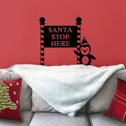 Vinyl Wall Art Decal - Santa Stop with Penguin Sign - 23" x 26" - Holiday Seasonal Sticker - Indoor Outdoor Home Apartment Office Wall Door Window Bedroom Workplace Decor Decals