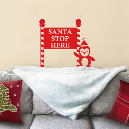 Vinyl Wall Art Decal - Santa Stop with Penguin Sign - 23" x 26" - Holiday Seasonal Sticker - Indoor Outdoor Home Apartment Office Wall Door Window Bedroom Workplace Decor Decals