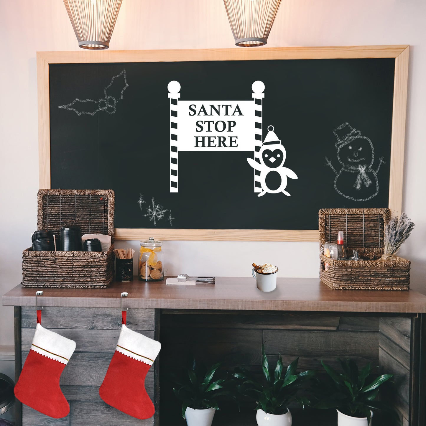 Vinyl Wall Art Decal - Santa Stop with Penguin Sign - 23" x 26" - Holiday Seasonal Sticker - Indoor Outdoor Home Apartment Office Wall Door Window Bedroom Workplace Decor Decals