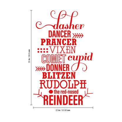 Vinyl Wall Art Decal - Santa’s Reindeer Names - 35" x 22" - Holiday Christmas Seasonal Sticker - Indoor Home Apartment Office Wall Door Window Bedroom Workplace Decor Decals