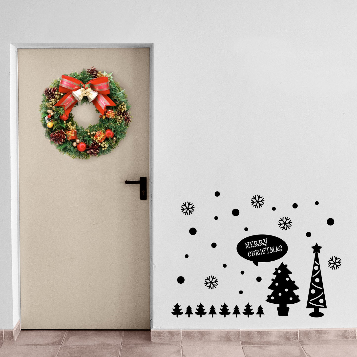 Vinyl Wall Art Decal - Merry Christmas Trees and Snowflakes - 23" x 31" - Holiday Seasonal Sticker - Indoor Home Apartment Office Wall Door Window Bedroom Workplace Decor Decals