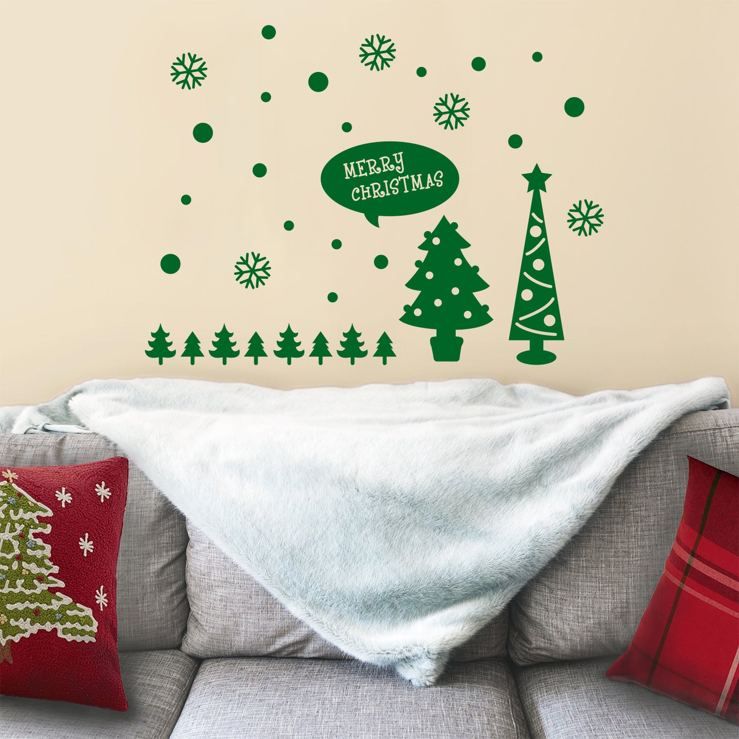 Vinyl Wall Art Decal - Merry Christmas Trees and Snowflakes - 23" x 31" - Holiday Seasonal Sticker - Indoor Home Apartment Office Wall Door Window Bedroom Workplace Decor Decals