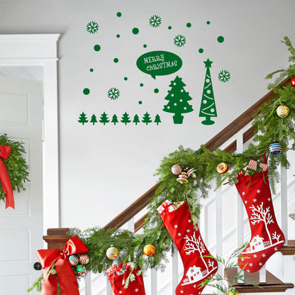 Vinyl Wall Art Decal - Merry Christmas Trees and Snowflakes - 23" x 31" - Holiday Seasonal Sticker - Indoor Home Apartment Office Wall Door Window Bedroom Workplace Decor Decals