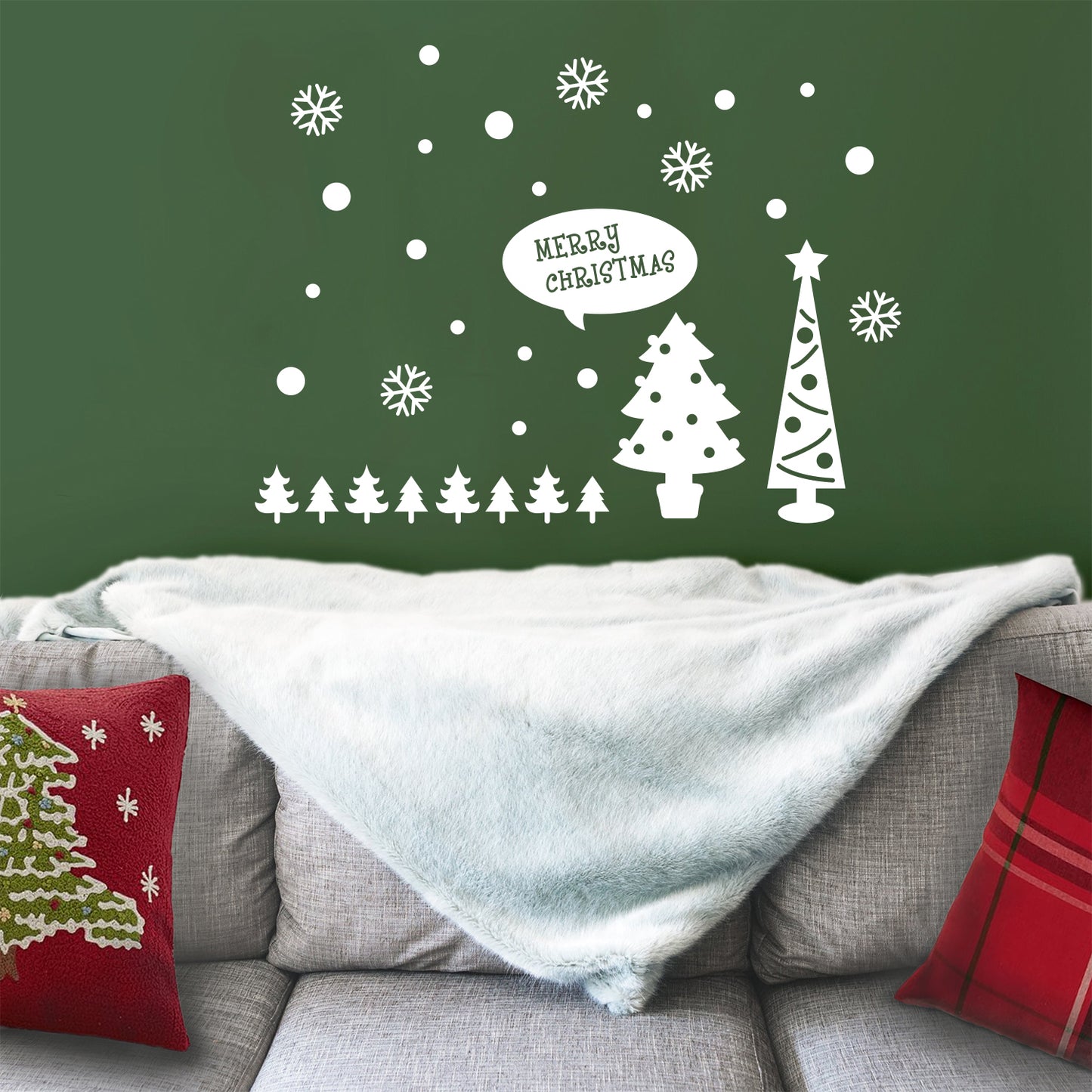 Vinyl Wall Art Decal - Merry Christmas Trees and Snowflakes - 23" x 31" - Holiday Seasonal Sticker - Indoor Home Apartment Office Wall Door Window Bedroom Workplace Decor Decals