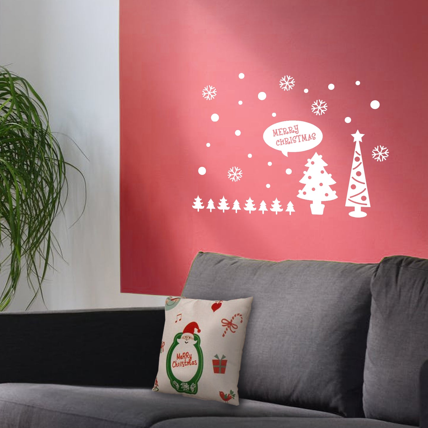 Vinyl Wall Art Decal - Merry Christmas Trees and Snowflakes - 23" x 31" - Holiday Seasonal Sticker - Indoor Home Apartment Office Wall Door Window Bedroom Workplace Decor Decals