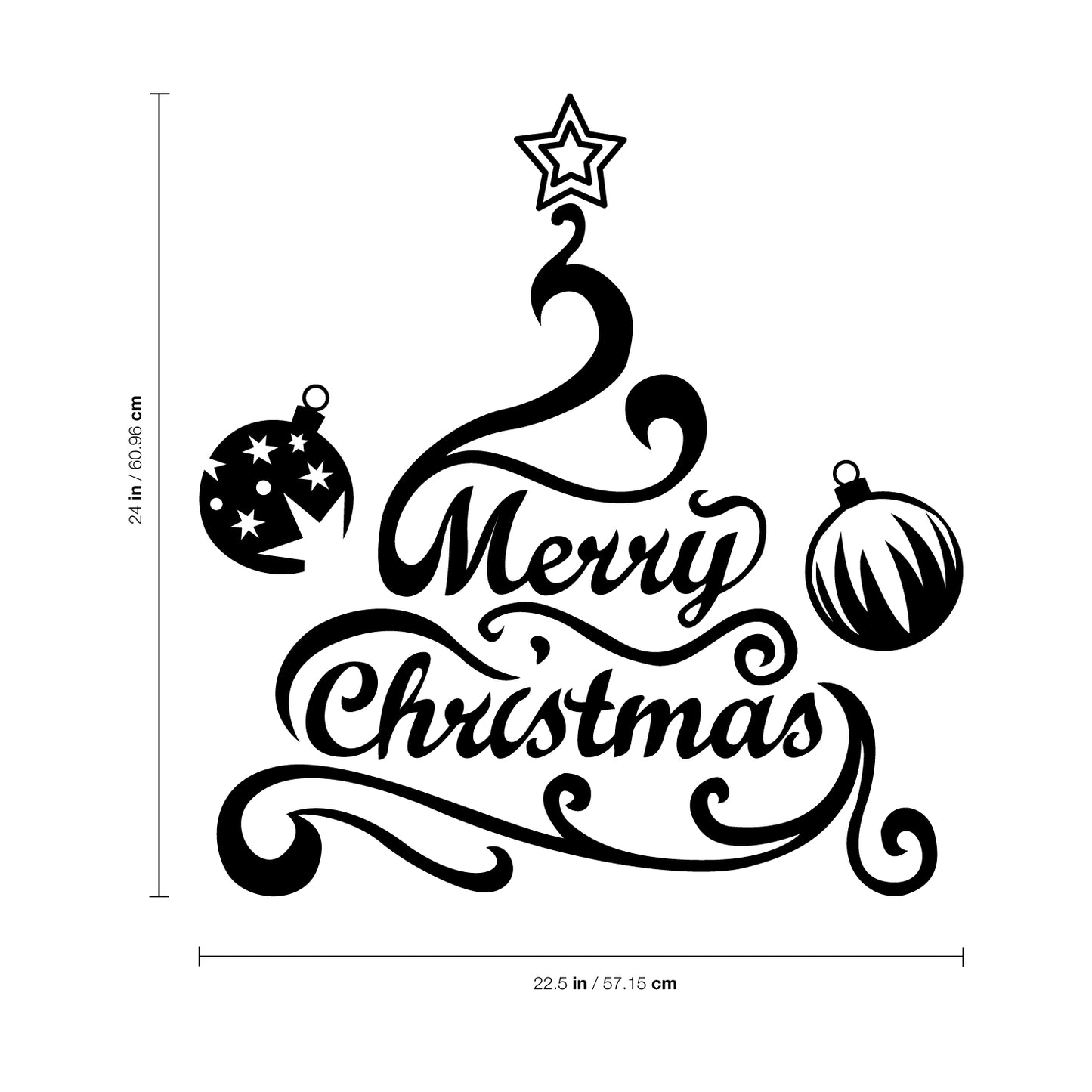 Vinyl Wall Art Decal - Merry Christmas Tree and Ornaments - 24" x 22.5" - Holiday Seasonal Sticker - Indoor Home Apartment Office Wall Door Window Bedroom Workplace Decor Decals