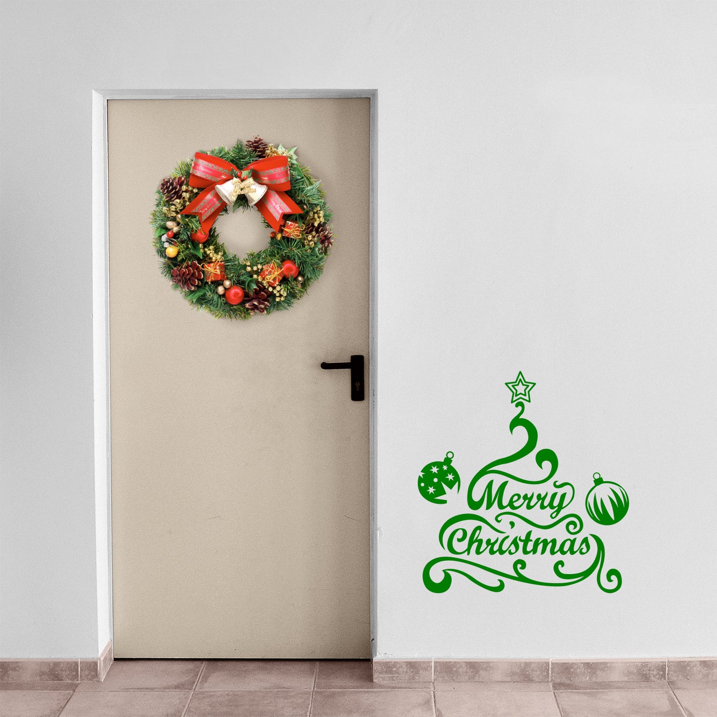 Vinyl Wall Art Decal - Merry Christmas Tree and Ornaments - 24" x 22.5" - Holiday Seasonal Sticker - Indoor Home Apartment Office Wall Door Window Bedroom Workplace Decor Decals