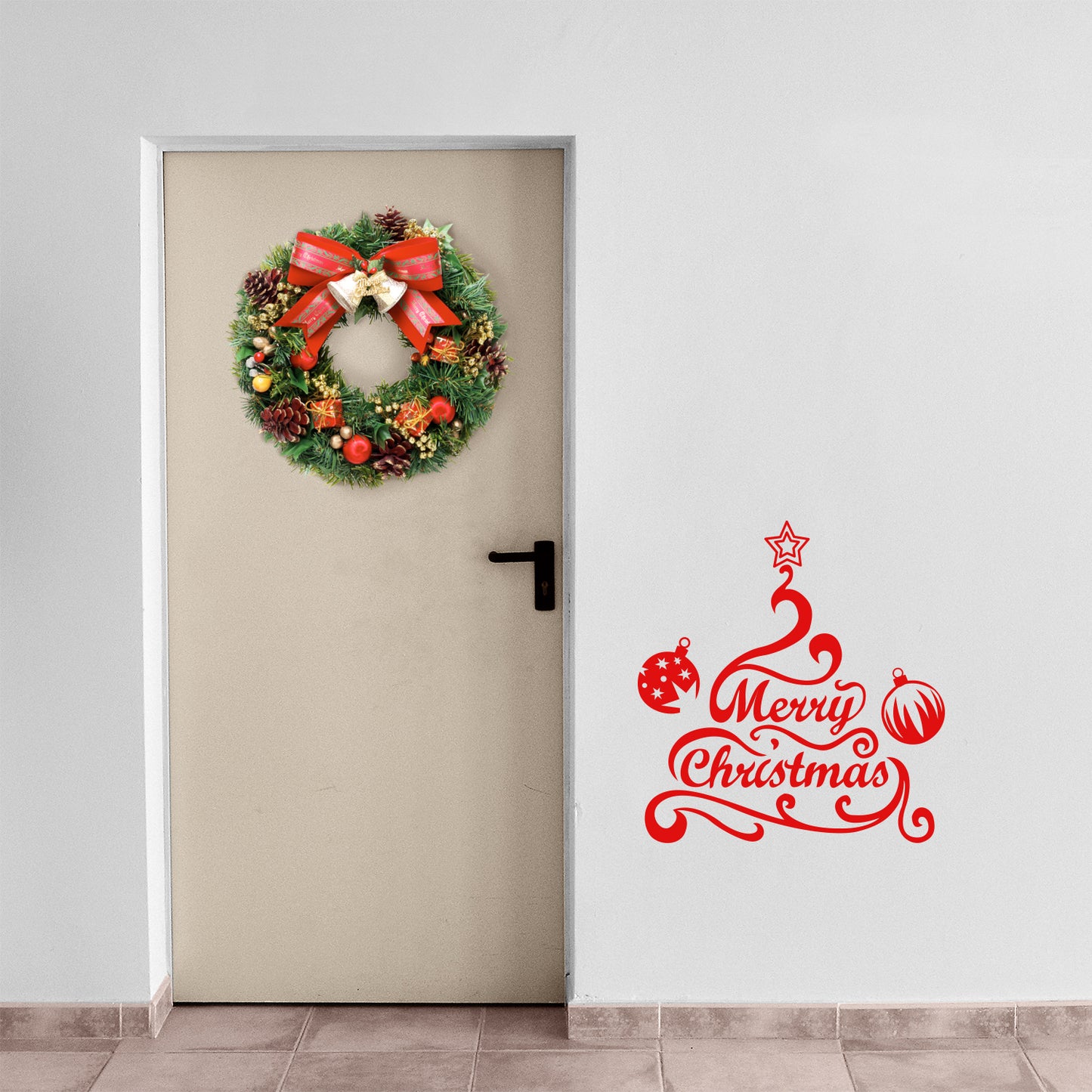 Vinyl Wall Art Decal - Merry Christmas Tree and Ornaments - 24" x 22.5" - Holiday Seasonal Sticker - Indoor Home Apartment Office Wall Door Window Bedroom Workplace Decor Decals