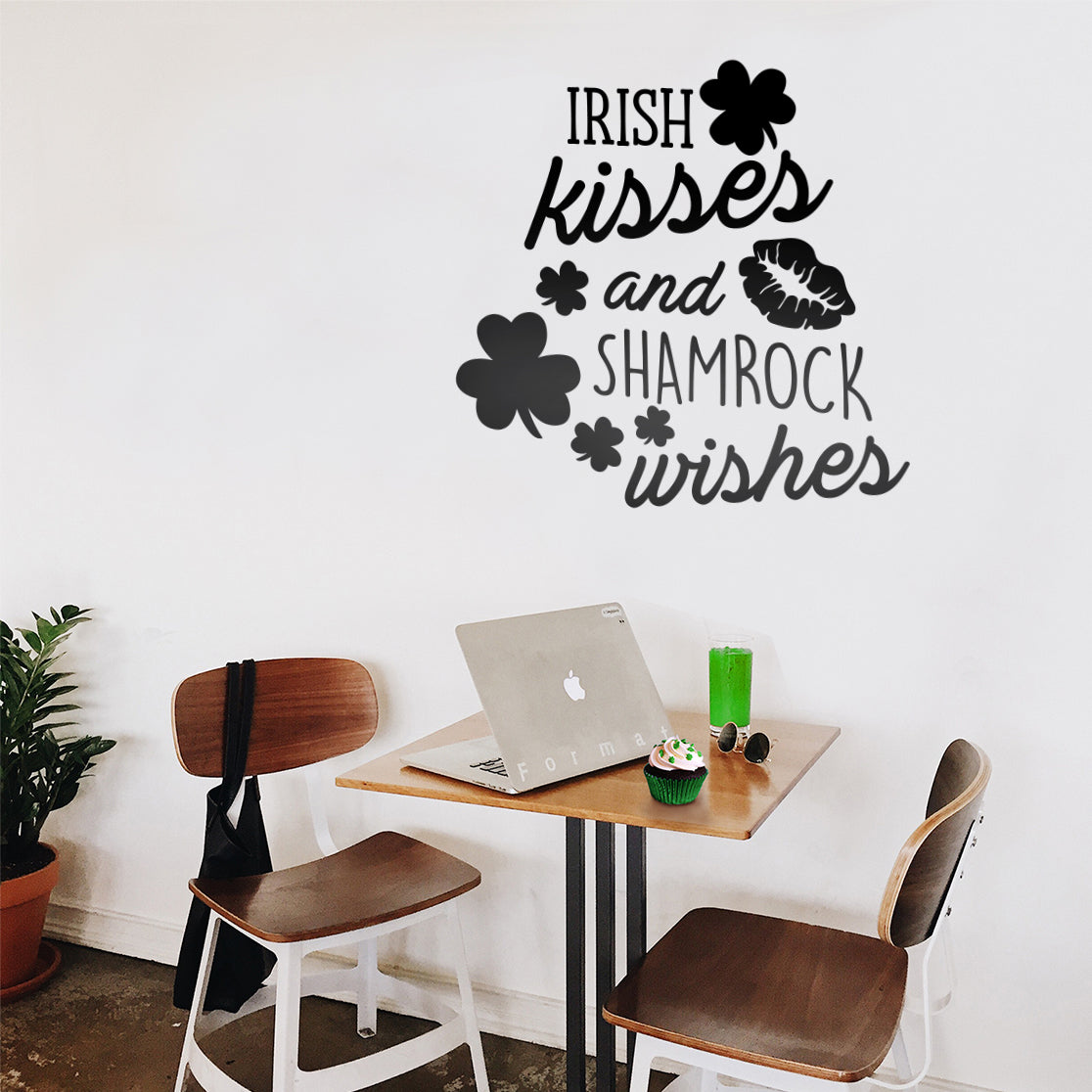 St Patrick’s Day Vinyl Wall Art Decal - Irish Kisses and Shamrock Wishes - 23" x 23" - St Patty’s Holiday Home Living Room Bedroom Sticker - Coffee Shop Bar Apartment Decor