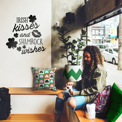 St Patrick’s Day Vinyl Wall Art Decal - Irish Kisses and Shamrock Wishes - 23" x 23" - St Patty’s Holiday Home Living Room Bedroom Sticker - Coffee Shop Bar Apartment Decor