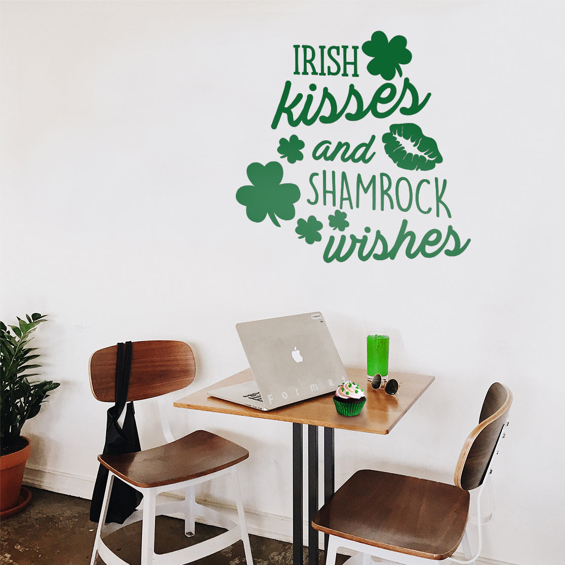 St Patrick’s Day Vinyl Wall Art Decal - Irish Kisses and Shamrock Wishes - 23" x 23" - St Patty’s Holiday Home Living Room Bedroom Sticker - Coffee Shop Bar Apartment Decor