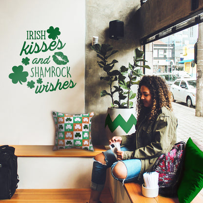 St Patrick’s Day Vinyl Wall Art Decal - Irish Kisses and Shamrock Wishes - 23" x 23" - St Patty’s Holiday Home Living Room Bedroom Sticker - Coffee Shop Bar Apartment Decor