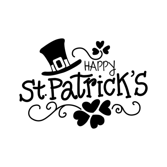 St Patrick’s Day Vinyl Wall Art Decal - Happy St Patrick’s Hat and Clovers - 16" x 23" - St Patty’s Holiday Home Living Room Bedroom Office Workplace Apartment Decor Sticker