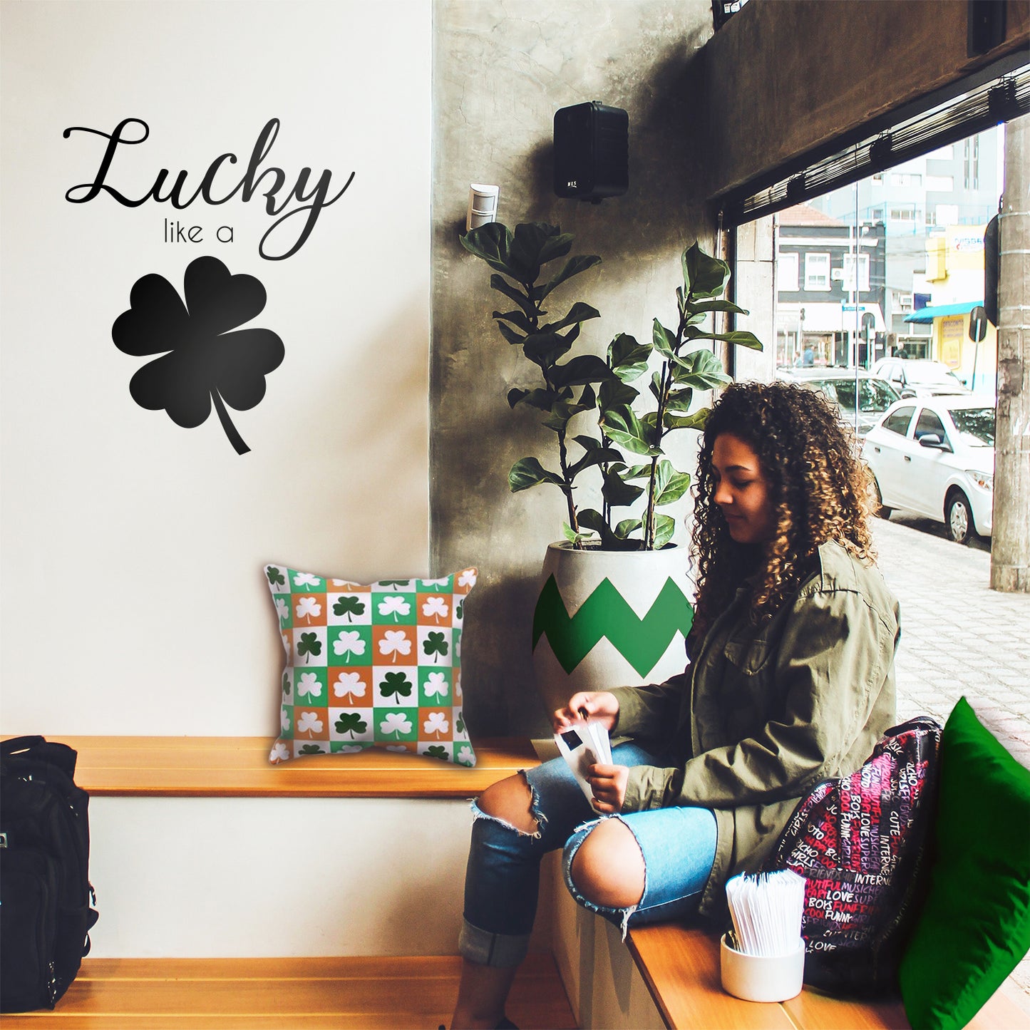 St Patrick’s Day Vinyl Wall Art Decal - Lucky Like A Four Leaf Clover - 23" x 20" - St Patty’s Holiday Coffee Shop Home Living Room Bedroom Office Work Apartment Decor Sticker