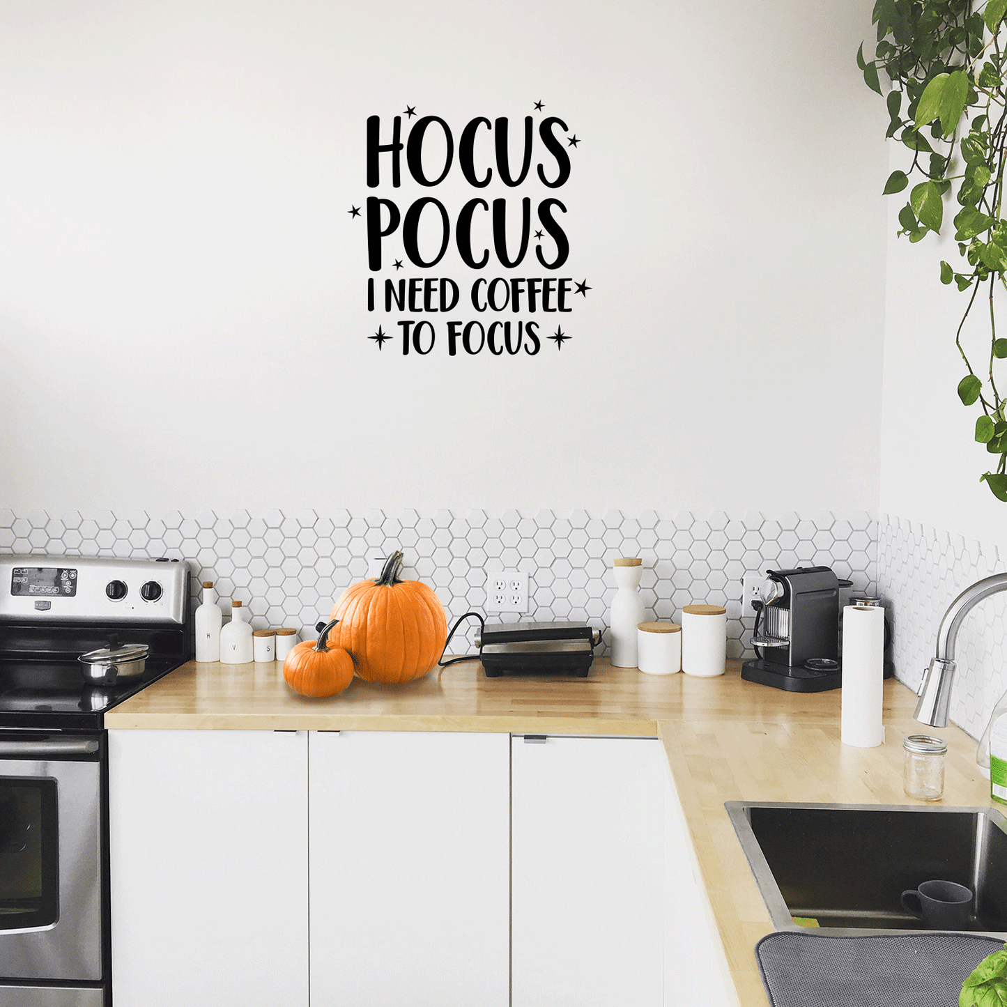 Vinyl Wall Art Decal - Hocus Pocus I Need Coffee to Focus - 23" x 22" - Modern Magical Halloween Quote for Home Bedroom Store Coffee Shop Seasonal Decoration Sticker