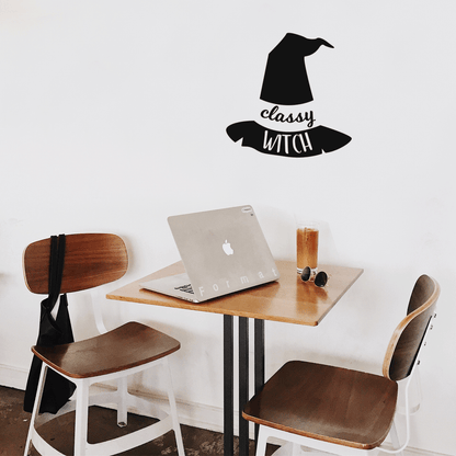 Vinyl Wall Art Decal - Classy Witch - 17" x 18" - Trendy Halloween Season Hat Shape Cursive Quote for Home Bedroom Living Room School Classroom Office Decoration Sticker