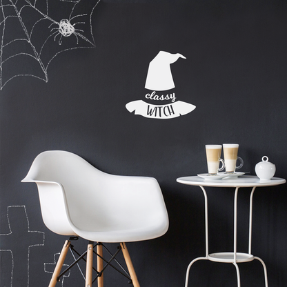 Vinyl Wall Art Decal - Classy Witch - 17" x 18" - Trendy Halloween Season Hat Shape Cursive Quote for Home Bedroom Living Room School Classroom Office Decoration Sticker