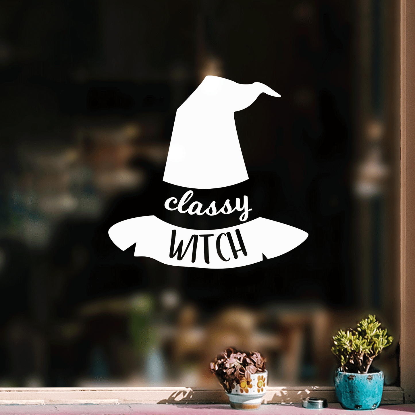 Vinyl Wall Art Decal - Classy Witch - 17" x 18" - Trendy Halloween Season Hat Shape Cursive Quote for Home Bedroom Living Room School Classroom Office Decoration Sticker