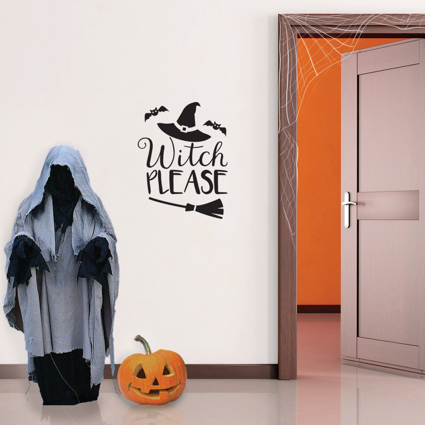 Vinyl Wall Art Decal - Witch Please - 22" x 17" - Trendy Halloween Season Hat Broom Bats Shape Quote for Home Bedroom Living Room School Classroom Office Decoration Sticker