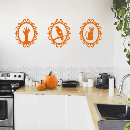 Set of 4 Vinyl Wall Art Decals - Halloween Frames - 17" x 20" Each - Trendy Halloween Season Broom Hat Shape for Home Bedroom Living Room School Classroom Office Decoration Sticker