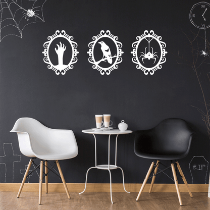 Set of 4 Vinyl Wall Art Decals - Halloween Frames - 17" x 20" Each - Trendy Halloween Season Broom Hat Shape for Home Bedroom Living Room School Classroom Office Decoration Sticker