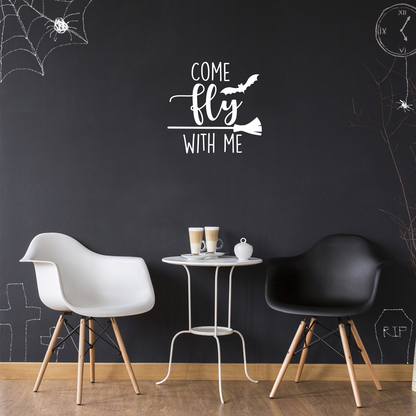 Vinyl Wall Art Decal - Come Fly with Me - 17" x 17.5" - Trendy Funny Scary Halloween Broom Design Sticker for Teens Bedroom Living Room Office School Classroom Store Door Window Spooky Decor