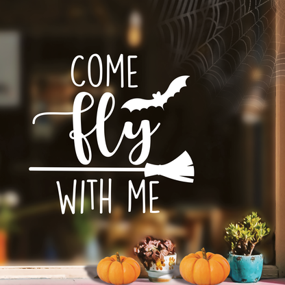 Vinyl Wall Art Decal - Come Fly with Me - 17" x 17.5" - Trendy Funny Scary Halloween Broom Design Sticker for Teens Bedroom Living Room Office School Classroom Store Door Window Spooky Decor