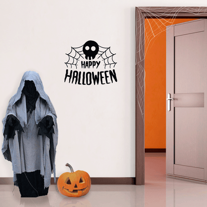 Vinyl Wall Art Decal - Happy Halloween Skull - 22" x 26" - Trendy Funny Scary Halloween Quote Sticker for Teens Bedroom Living Room Office School Classroom Store Door Window Coffee Shop Spooky Decor