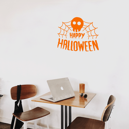 Vinyl Wall Art Decal - Happy Halloween Skull - 22" x 26" - Trendy Funny Scary Halloween Quote Sticker for Teens Bedroom Living Room Office School Classroom Store Door Window Coffee Shop Spooky Decor