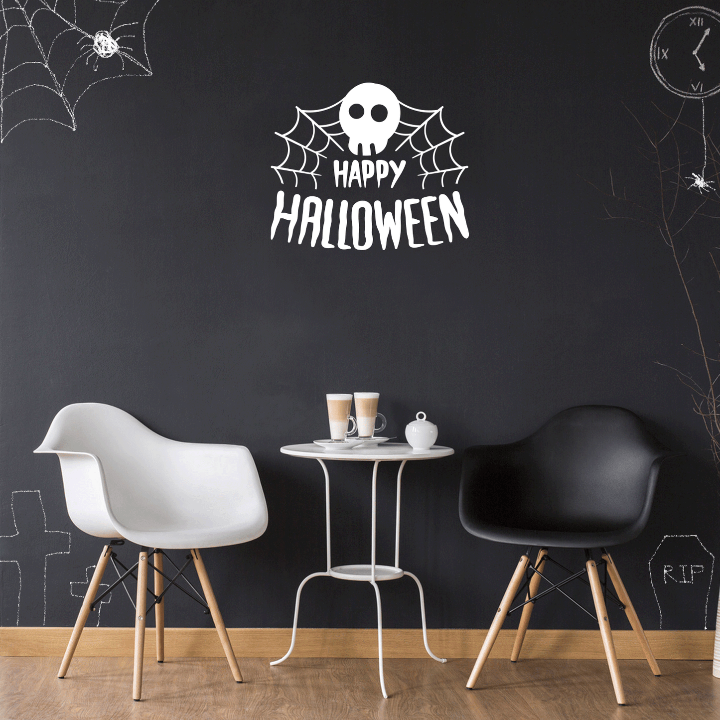 Vinyl Wall Art Decal - Happy Halloween Skull - 22" x 26" - Trendy Funny Scary Halloween Quote Sticker for Teens Bedroom Living Room Office School Classroom Store Door Window Coffee Shop Spooky Decor