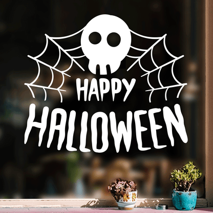 Vinyl Wall Art Decal - Happy Halloween Skull - 22" x 26" - Trendy Funny Scary Halloween Quote Sticker for Teens Bedroom Living Room Office School Classroom Store Door Window Coffee Shop Spooky Decor