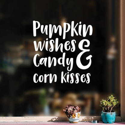 Halloween Wall Decal - Pumpkin Wishes and Candy Corn Kisses Vinyl Sticker - Removable Peel and Stick Indoor Outdoor Halloween Decorations for Home, Classroom, Windows, and Spooky Decor