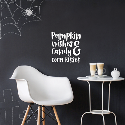 Halloween Wall Decal - Pumpkin Wishes and Candy Corn Kisses Vinyl Sticker - Removable Peel and Stick Indoor Outdoor Halloween Decorations for Home, Classroom, Windows, and Spooky Decor