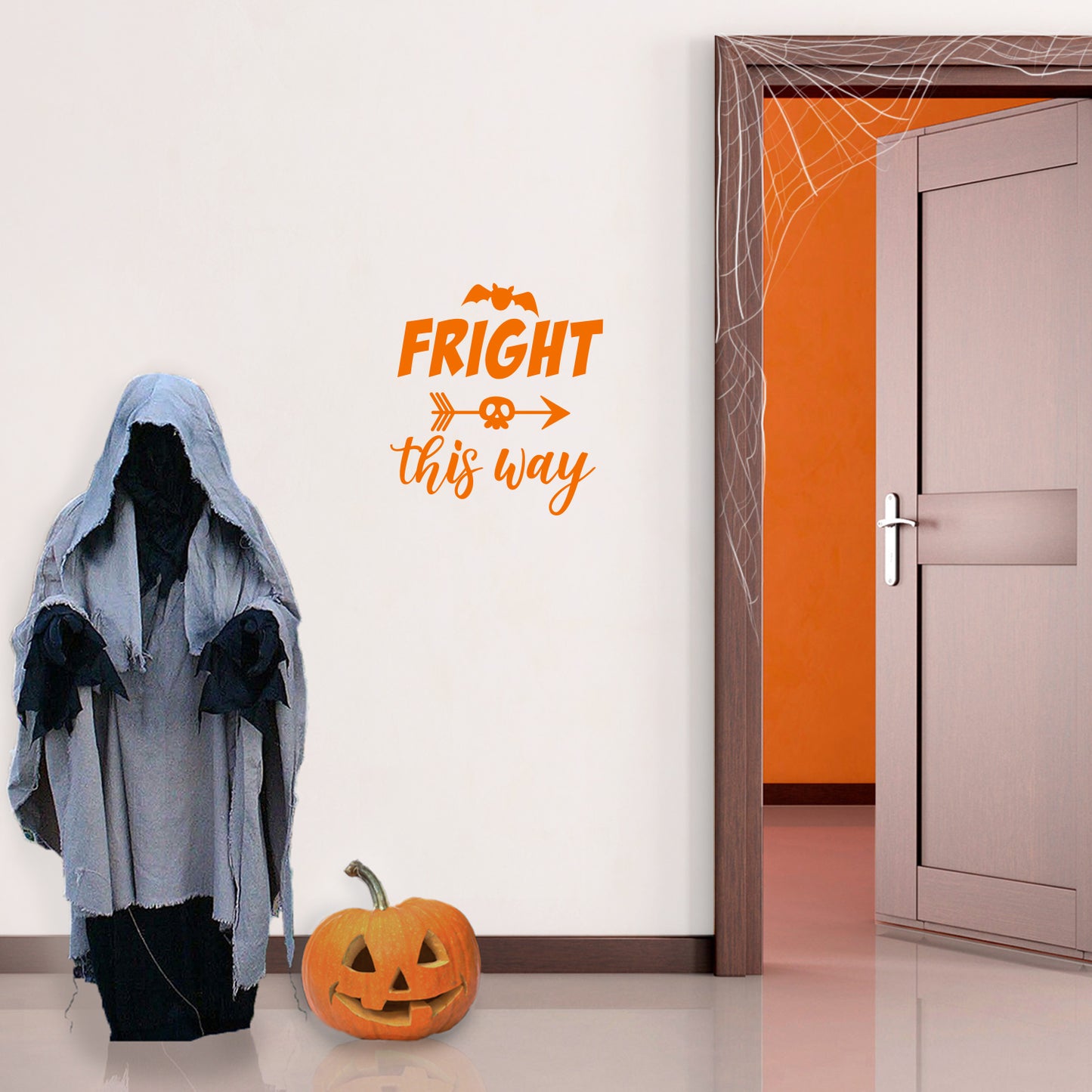 Vinyl Wall Art Decal - Fright This Way - 18.5" x 17" - Funny Trendy Halloween Arrow Shape Sticker for Entry Way Hall Door Living Room Office School Classroom Store Window Spooky Decor