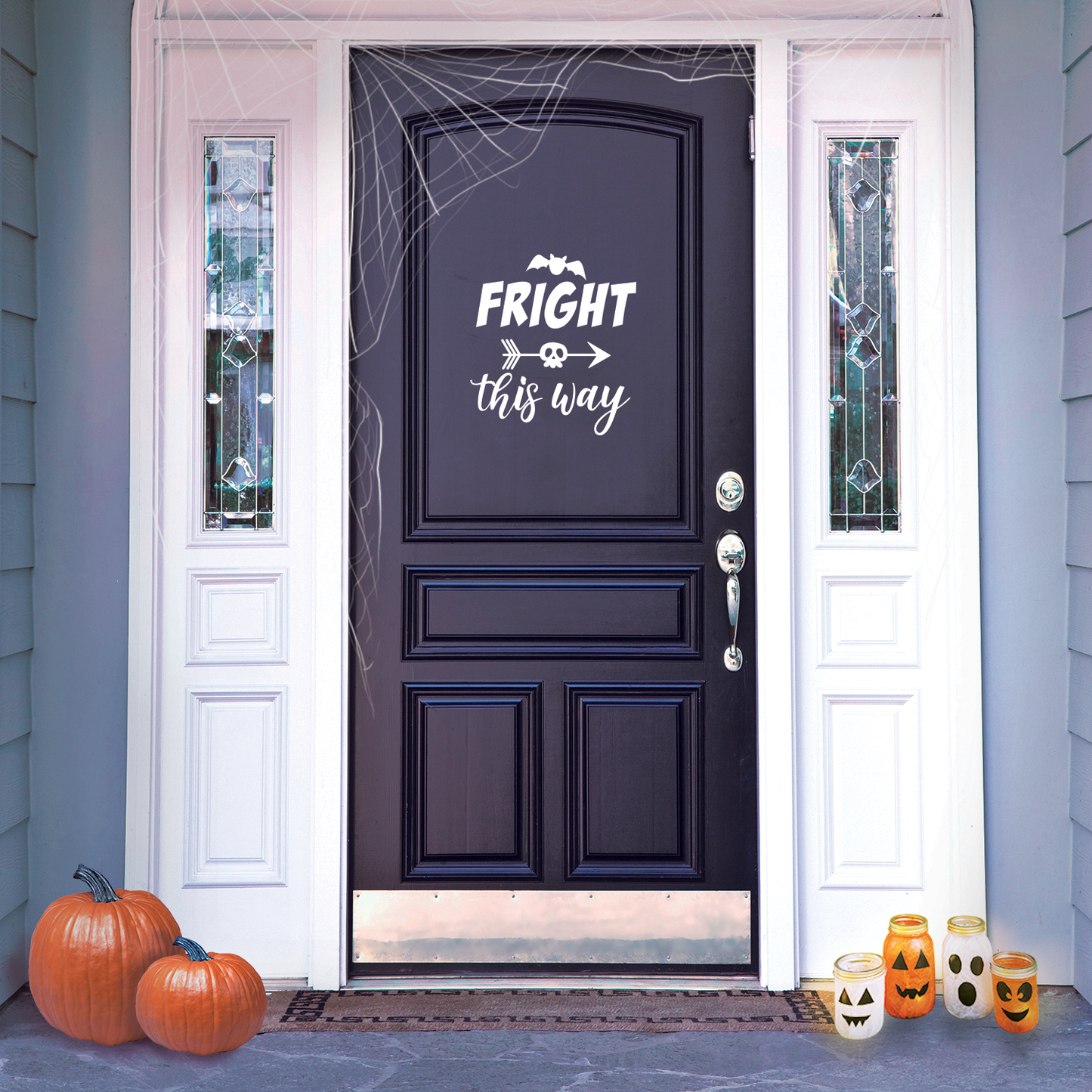 Vinyl Wall Art Decal - Fright This Way - 18.5" x 17" - Funny Trendy Halloween Arrow Shape Sticker for Entry Way Hall Door Living Room Office School Classroom Store Window Spooky Decor